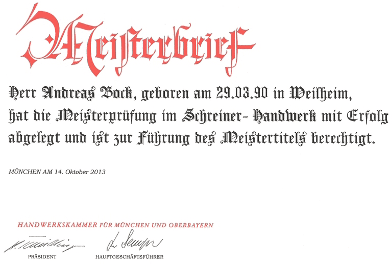 Meisterbrief von Andreas Bock, ausgestellt 14. Oktober 2013 von der Handwerkskammer für München und Oberbayern